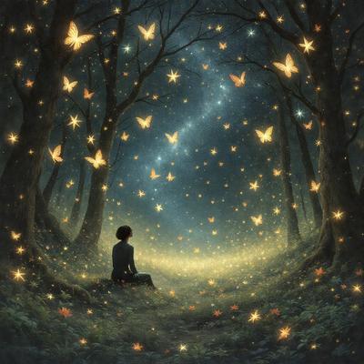 The primary subject of the image is a woman sitting in a forest at night. The setting is a lush green forest with trees and a sky filled with stars. The visual style is a digital art or illustration, creating a serene and peaceful atmosphere. The colors are predominantly green, with the starry night sky adding a touch of blue. The woman appears to be enjoying the tranquility of the forest at night.